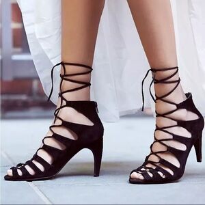 Jeffrey Campbell Free People Satine Black Suede Lace-Up Heels Sandal 6.5 Strappy